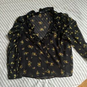 Zara Black Blouse with Yellow and Orange Floral Design